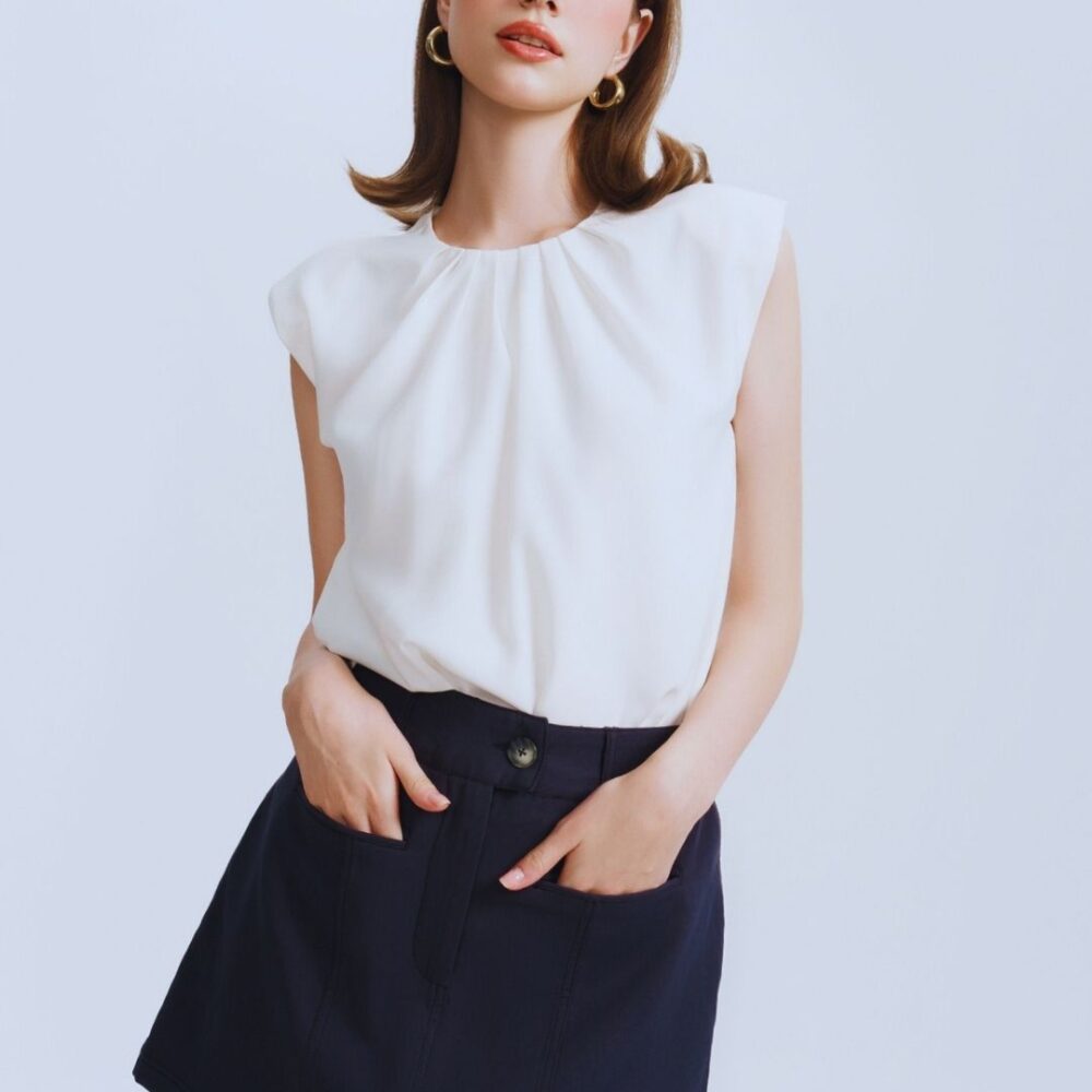 White Sleeveless Gathered Top & Navy Blue Mini Skirt Set “Timeless Poise” TP2016