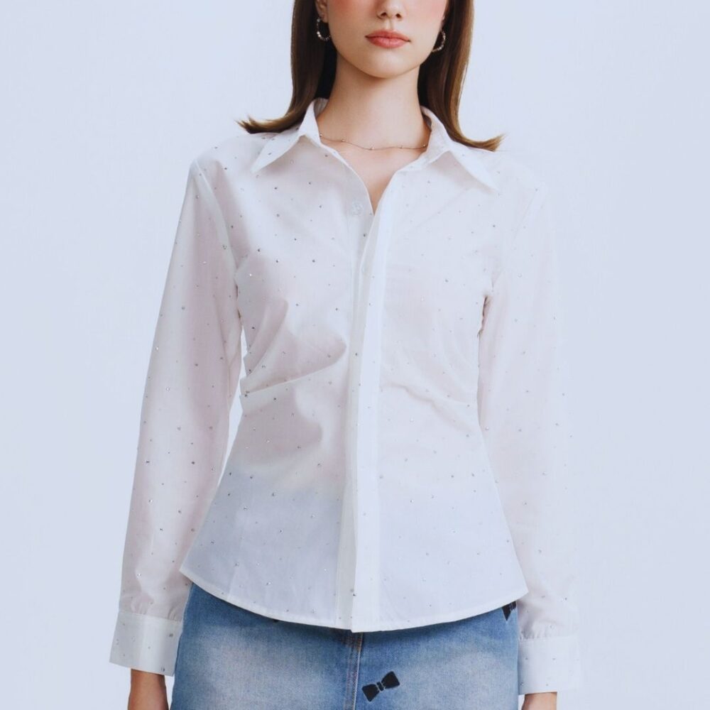 White Long-Sleeve Button-Up Shirt & Denim Mini Skirt Set “Sparkling Charm” SC1612