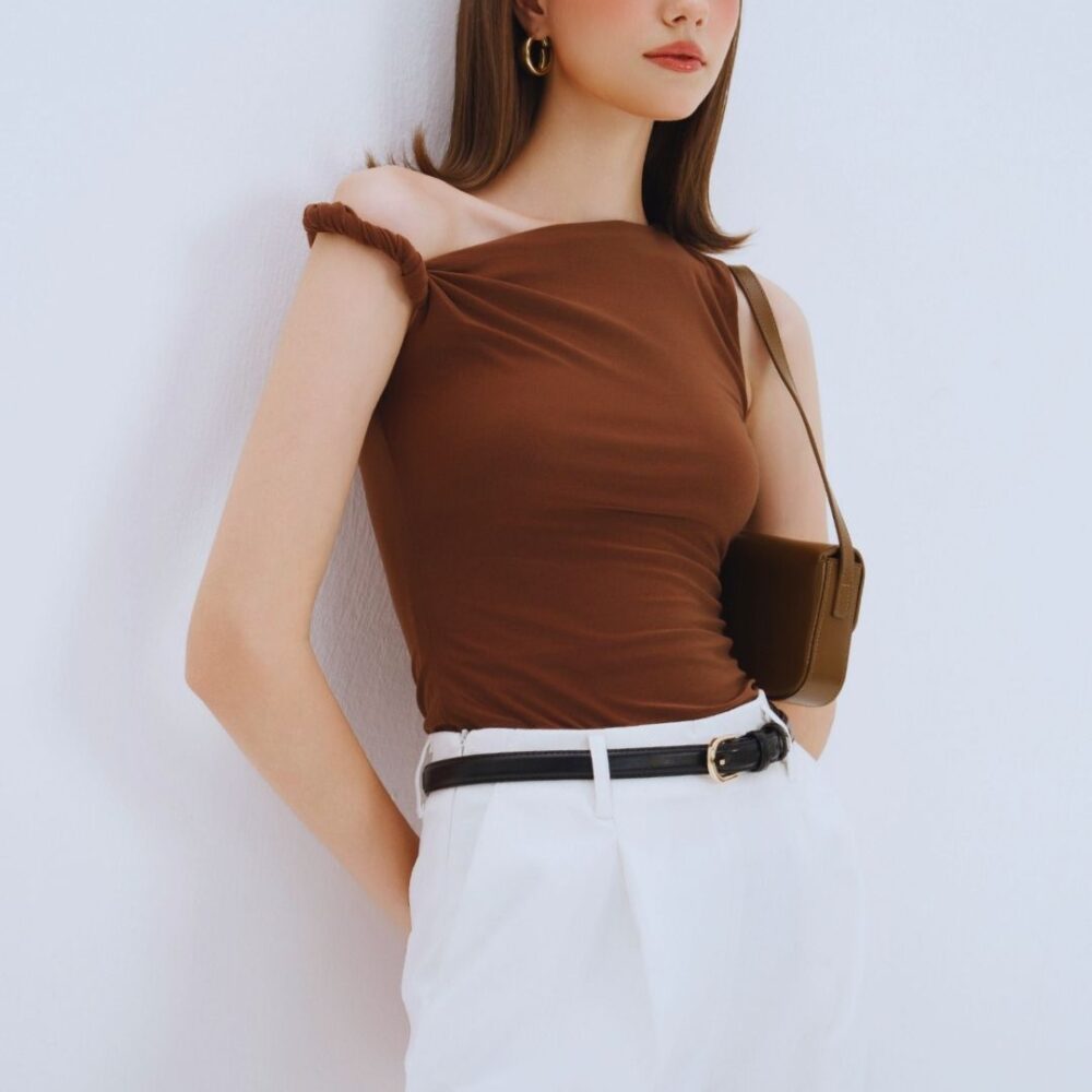 Brown One-Shoulder Crop Top & White High-Waisted Pants Set “Chic Balance” CB1915
