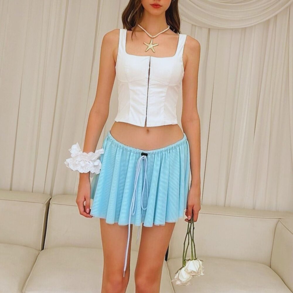 White Cropped Corset Top & Light Blue Pleated Skirt Set “Ethereal Dream” ED1713