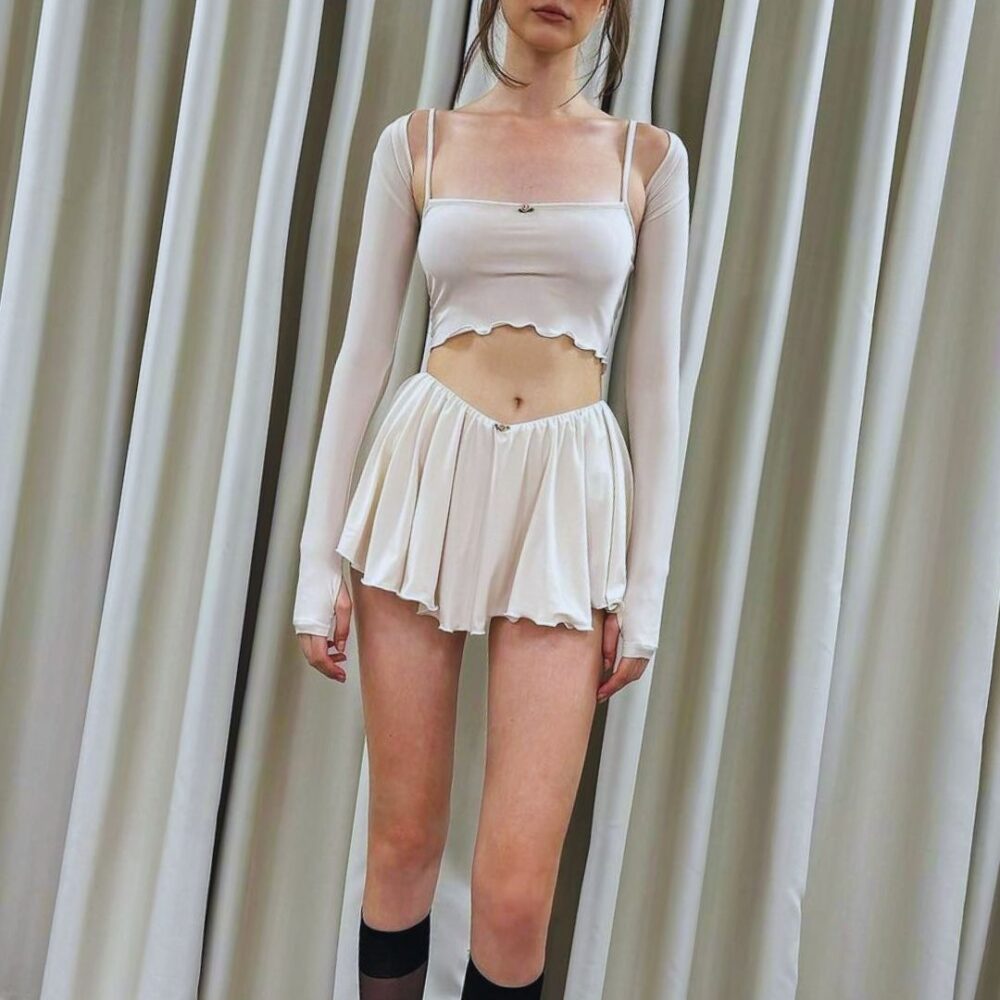 Ivory Sheer Long-Sleeve Crop Top & Flared Mini Skirt Set “Gentle Breeze” GB2218