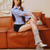 Light Blue Striped Long-Sleeve Shirt & Black Mini Shorts Set “Striking Elegance” SE2117